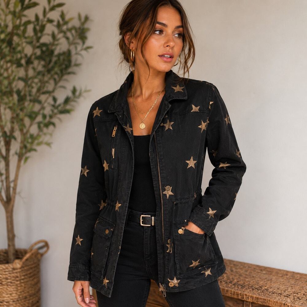 Romeo + Juliet Couture Star Print Utility Jacket M Black Metallic Gold Cotton